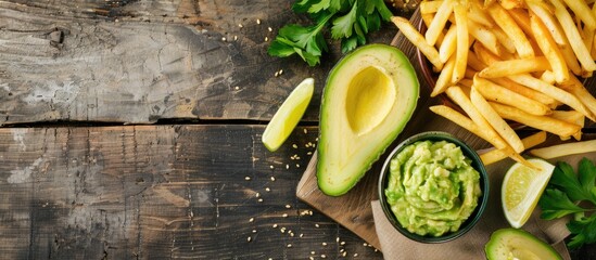 Aufkleber - White wooden table set up with a serving board holding French fries guacamole dip and avocado providing ample copy space for an image