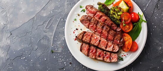Aufkleber - Fried steak slices served with veggies on a plate with a generous copy space image for presentation