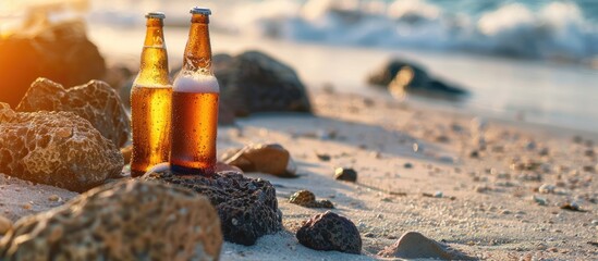 Aufkleber - Cold beer bottles placed by rocks on sandy shore creating a backdrop for text in a copy space image