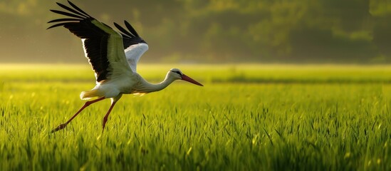 Aufkleber - A stork caught in the moment of a triumphant hunt on a lush green field perfect for a copy space image