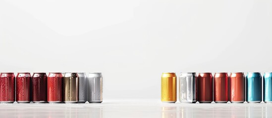 Poster - Aluminum beverage cans arranged on a white backdrop with copy space image