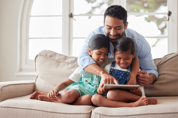 Poster - Father, girl and children with tablet on sofa with click on app, laugh and happy for show in family home. Man, dad and daughter kids with streaming, subscription and relax with movies in Indonesia