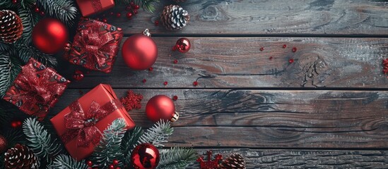Poster - A festive arrangement for the holiday season includes a variety of Christmas elements like gifts red ornaments and fir branches on a wooden backdrop presenting a joyful Christmas theme in a top down
