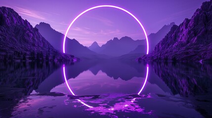 Wall Mural - 3d ultraviolet neon circle reflected on wet floor with mountain background