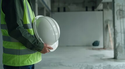 Wall Mural - A construction worker in a reflective green vest and protective suit holds a white safety helmet. He stands on a concrete floor, embodying the concept of safety workwear.