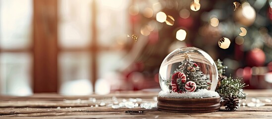 Aufkleber - Christmas decorations and a handmade snow globe displayed on a wooden table with copy space image