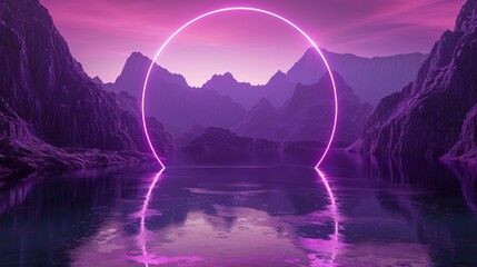 Wall Mural - 3d ultraviolet neon circle reflected on wet floor with mountain background