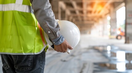 Wall Mural - A construction worker in a reflective green vest and protective suit holds a white safety helmet. He stands on a concrete floor, embodying the concept of safety workwear.