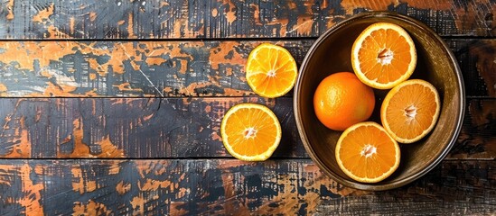 Wall Mural - Oranges in a bowl on a rustic wooden table with empty space for a picture. with copy space image. Place for adding text or design