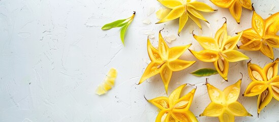 Wall Mural - Top view arrangement featuring sliced carambola on a white backdrop with room for text in the copy space image