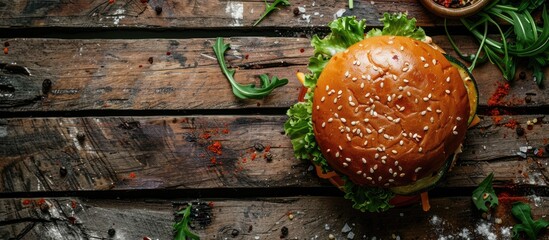 Wall Mural - A vegan zucchini burger and its components presented on a textured wooden surface with space for additional imagery