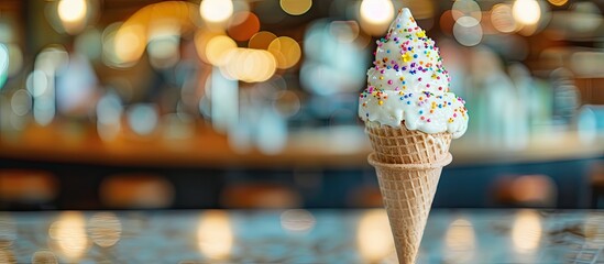 Aufkleber - Yogurt ice cream cone with a blurred background and a spacious area for adding images. with copy space image. Place for adding text or design