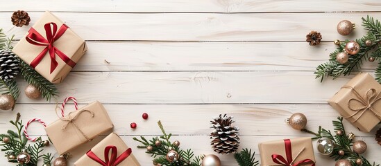 Poster - Top view of modern Christmas presents adorned with ornaments and cones on a white wooden background with copy space image for a cheerful and festive holiday display