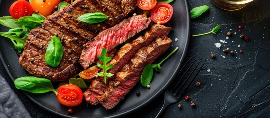 Aufkleber - Fried steak slices served with veggies on a plate with a generous copy space image for presentation
