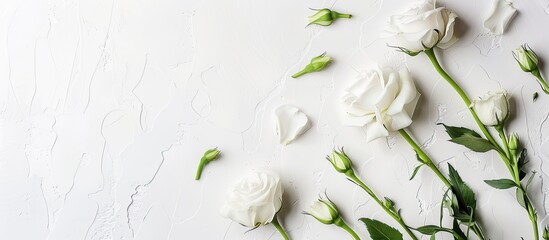 Poster - Postcard mockup featuring eustoma flowers on a pristine white background offering a blank copy space image for an invitation card with intricate details