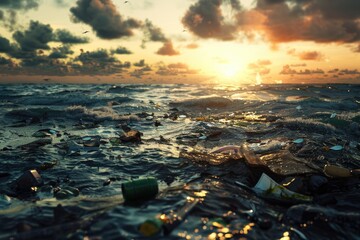 Poster - Trash littered along the shoreline as the sun sets over the ocean, highlighting pollution issues