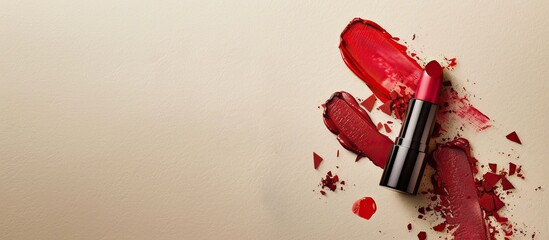Poster - Top view of lovely lipsticks smudges on a beige backdrop with a copy space image