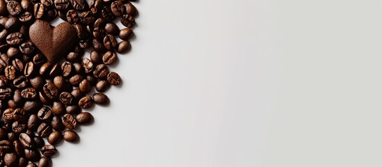 Poster - Heart shaped roasted coffee beans on a white backdrop with copy space image