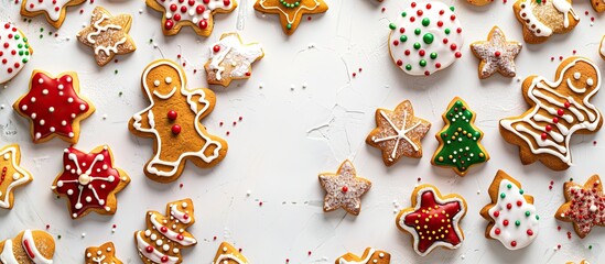 Aufkleber - Top view of a variety of colorful Christmas gingerbread cookies with a sugar glaze set on a white background with copy space image