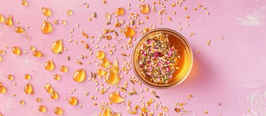 Poster - Top down view of a jar filled with seeds and honey on a pink background suitable for web banners with ample copy space image