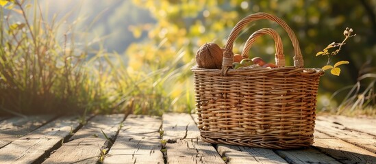 Poster - A lovely straw picnic basket sits on a wooden table in a natural outdoor setting evoking feelings of summer camping picnics health organic food and romance with copy space image