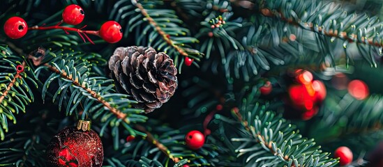 Poster - Festive decor adorning a Christmas tree with copy space image