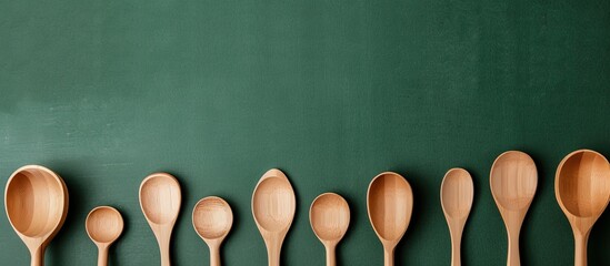 Poster - Wooden spoons arranged on a green backdrop showcasing eco friendly items from above with copy space image for zero waste living