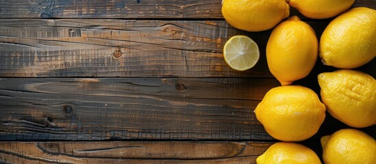Leinwandbilder - Top view of fresh lemons on a wooden surface with a blank area for added text or images creating a visually appealing copy space image