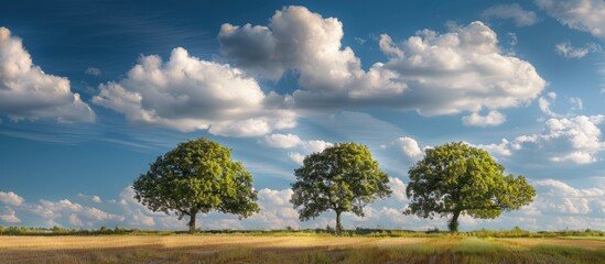 Aufkleber - Scenic landscape with trees in a field set against a cloudy blue sky perfect for a copy space image