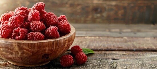 Fototapete - A wooden bowl filled with fresh raspberries with a clear background for copy space image