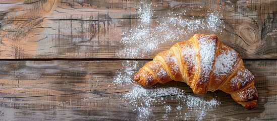 Poster - A single croissant dusted with powdered sugar on a rustic wooden surface with space for your text in the image Seen from above. with copy space image. Place for adding text or design