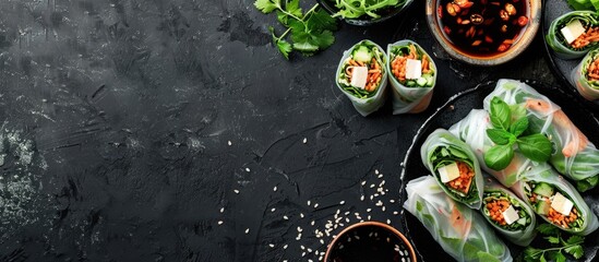 Wall Mural - Delectable rice paper rolls served on a black table seen from above with ample copy space image