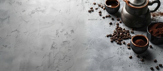 Poster - Coffee brewing pot and beans on concrete background with ample copy space image