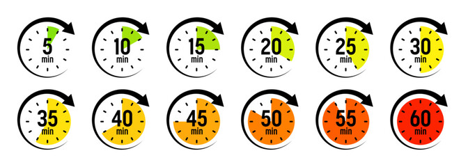 Stopwatch icons with pointer arrow. Colorful chronometer, time counter with dial. Countdown time, hours and minutes. Deadline, sport measurement. Cooking time label, sticker. Vector illustration