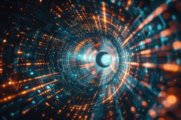 Poster - A futuristic tunnel with blue and orange hues, featuring a black hole in the center