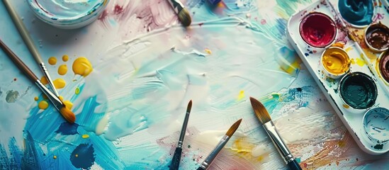 Poster - Artistic tools like watercolor paints and brushes are set up as a workspace for an artist to create a mock up with copy space image