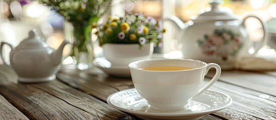 Aufkleber - Enjoy a refreshing cup of yellow herbal tea in a classic white ceramic set on a vintage wooden table in a cozy cafe with an authentic high tea presentation and copy space image