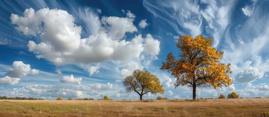 Aufkleber - Scenic landscape with trees in a field set against a cloudy blue sky perfect for a copy space image