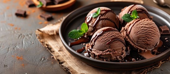 Poster - Chocolate ice cream with syrup on plate on dining table with copy space image
