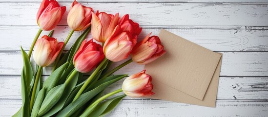 Aufkleber - Top down view of a vibrant tulip arrangement next to a empty card on a clean white wooden surface ideal for a copy space image