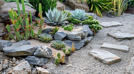 A tranquil garden scene with a small rock garden featuring succulents and cacti, surrounded by gravel and stepping stones.