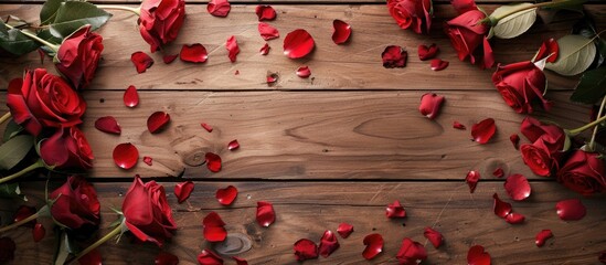 Looking down on red roses and petals on a wooden floor with a Valentine s Day theme and available space for adding text or images. with copy space image. Place for adding text or design