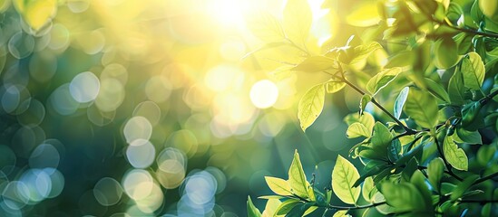 Poster - Blurry background featuring sunlight shining on green leaves with copy space image