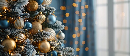 Aufkleber - A beautifully decorated Christmas tree adorned with golden and blue ornaments and lights creating a magical festive ambiance for the holiday season Happy New Year Includes copy space image