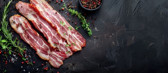 Aufkleber - Rustic top view image of a fresh bacon slice and pork strips laid on a table as a tempting appetizer or meal providing a copy space food background