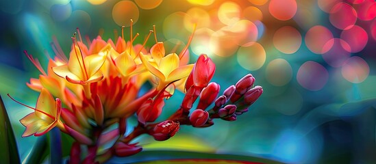 Poster - Close up view of a red yellow tropical flower with dark dots against an abstract floral background with copy space image