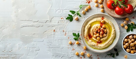 Aufkleber - White tiled table with delicious hummus and chickpeas in a flat lay composition leaving room for text on the copy space image