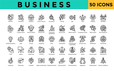 Business icon set with efficiency, productivity, workforce, human resources, recruitment, training, skills, talent, employee, workplace icon. Simple line vector