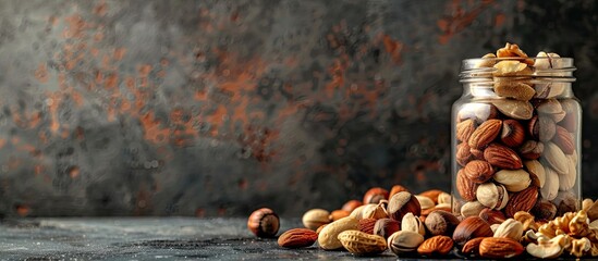 Poster - various nuts in a jar on a dark background with copy space image ideal for a nutritious snack alongs