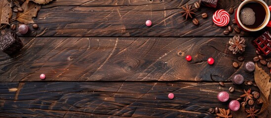 Fototapete - Brown wood with coffee and candy displayed providing a warm background with copy space image